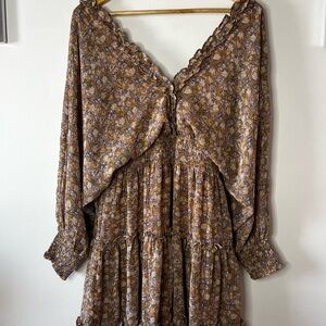 She + Sky Brown Floral Long-Sleeve Tiered Maxi Dress
